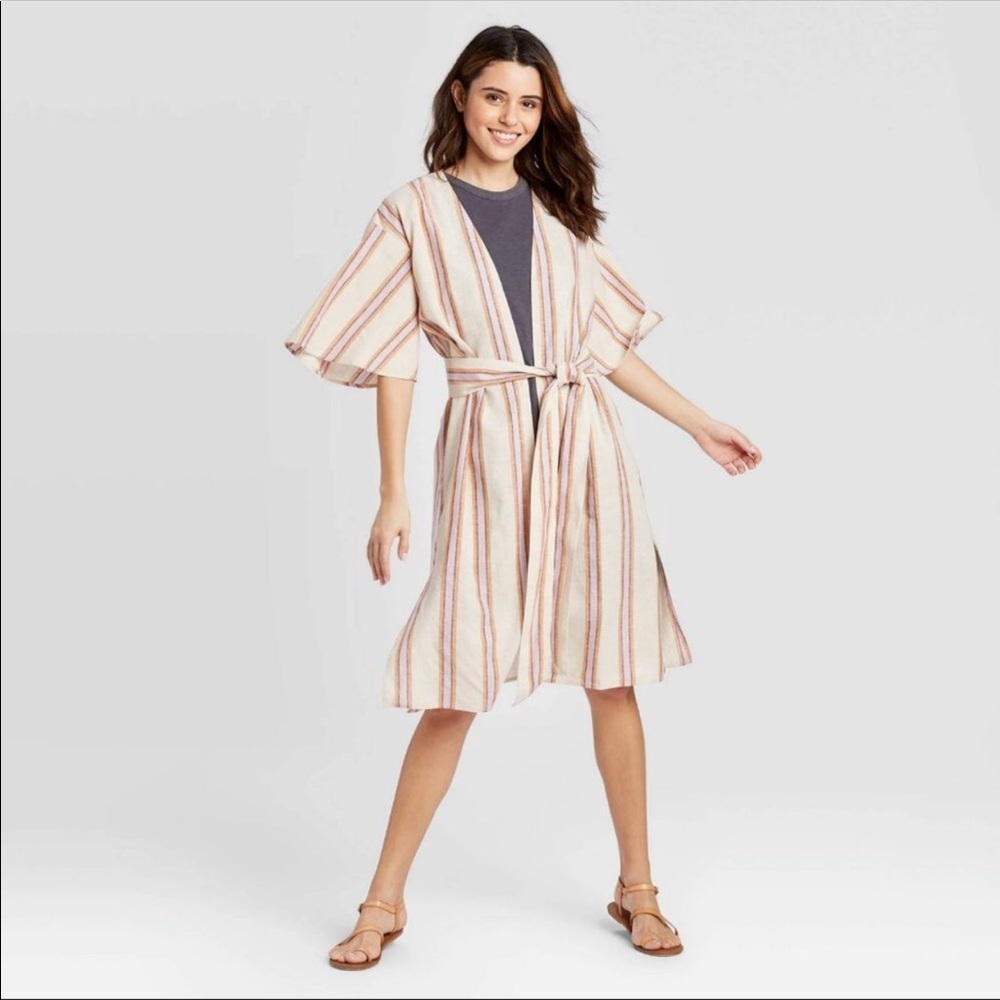 Universal Thread Striped Linen Kimono Waist Tie